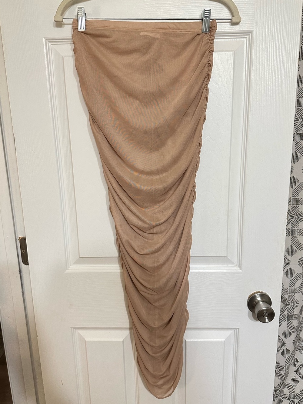 Women’s Sheer Mesh Overlay Nude Beige Ruched Bodycon Maxi Skirt M Y2K Clubwear